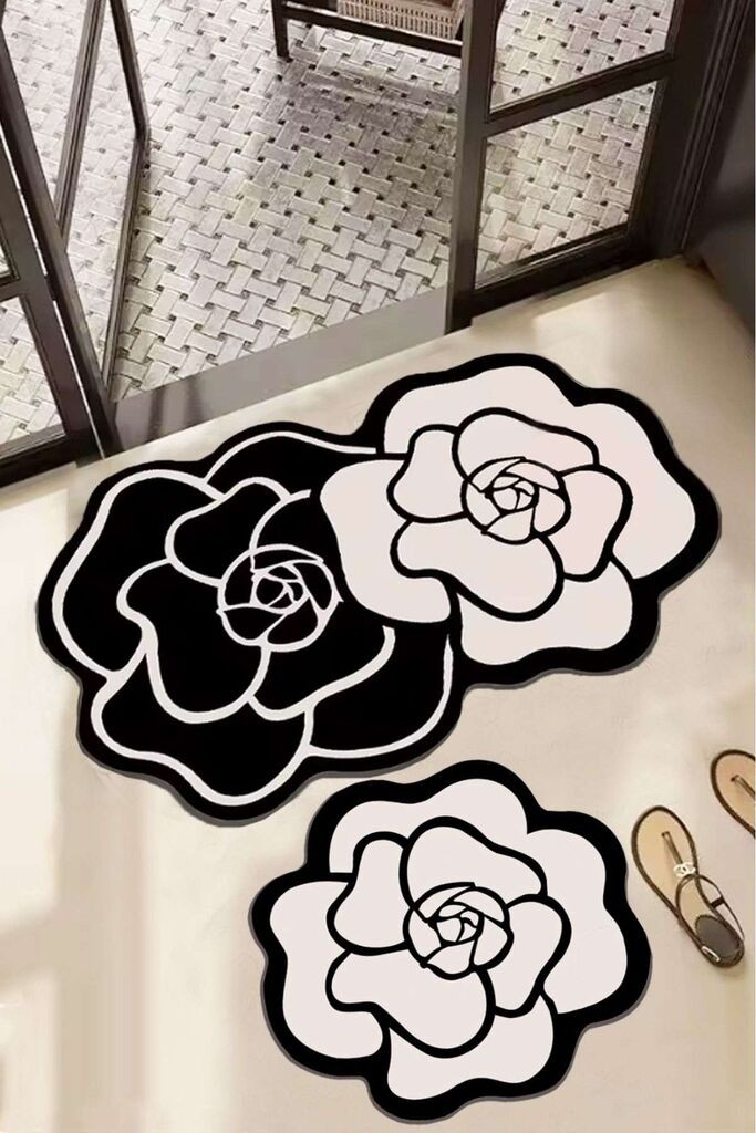 Комплет теписи за бања L'essentiel Maison Bungari Rose, 2 парчиња, црно-бели