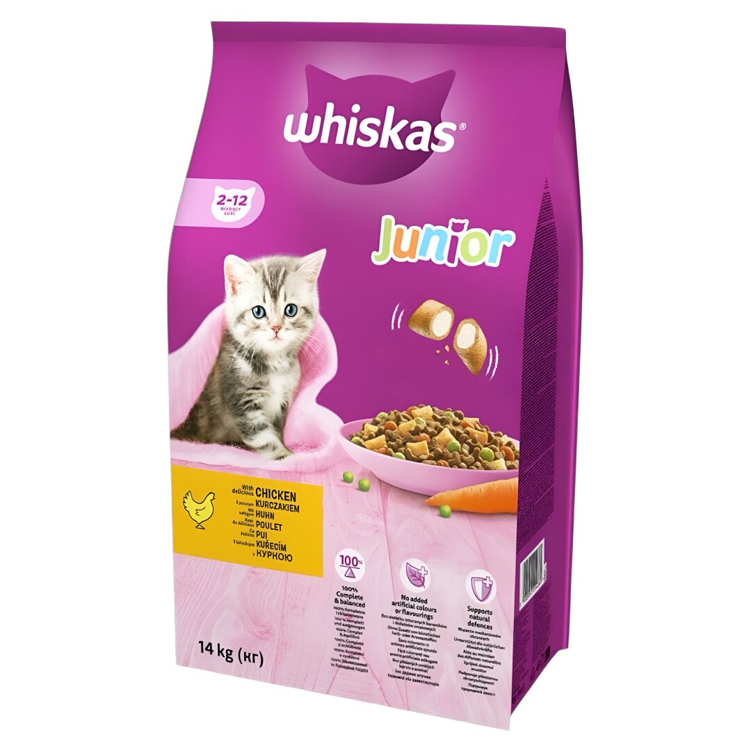 WHISKAS Junior Брикети со Пилешко и зеленчук за Мачки [Вреќа 14кг]