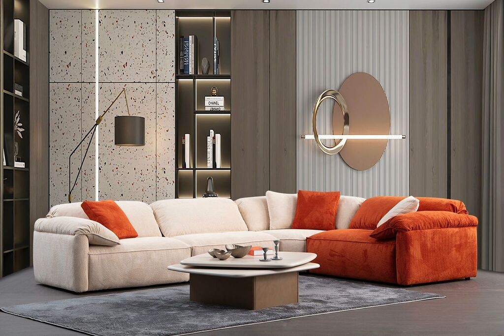 Аголна гарнитура софа Atelier del Flamingo, 335x250x105 см, кремасто-портокалова