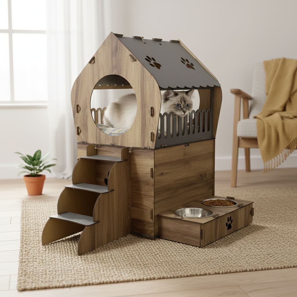 Куќа за шепи и мустаќи за мачки Неса, кафеава