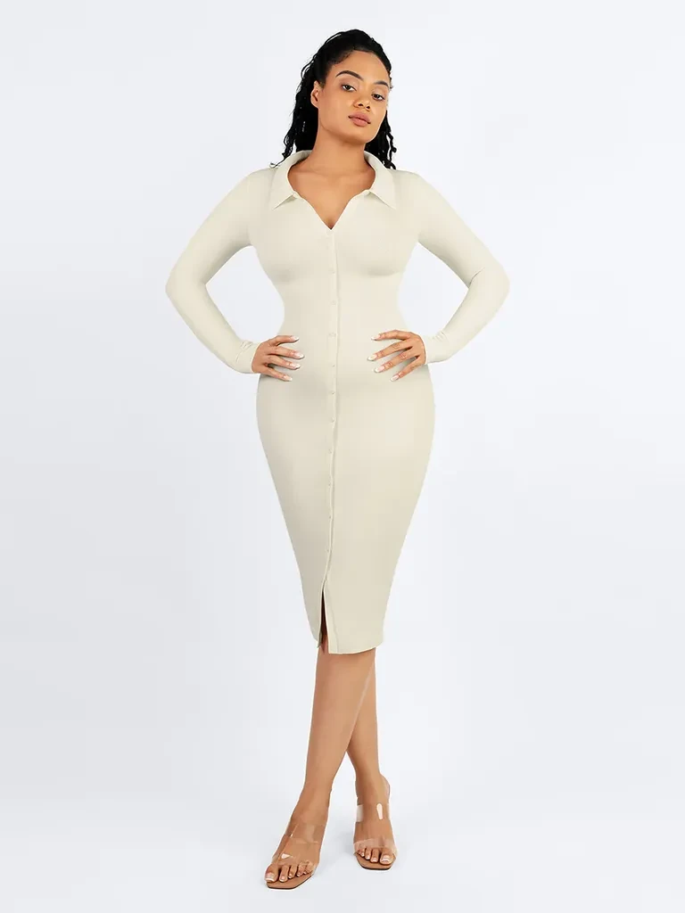 Фустан Long Sleeve Ribbed Button - бел