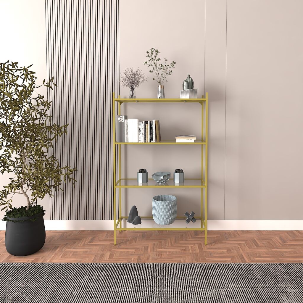 Полица за книги Hanah Home Marta, стакло, 80x30x126 см, златна боја