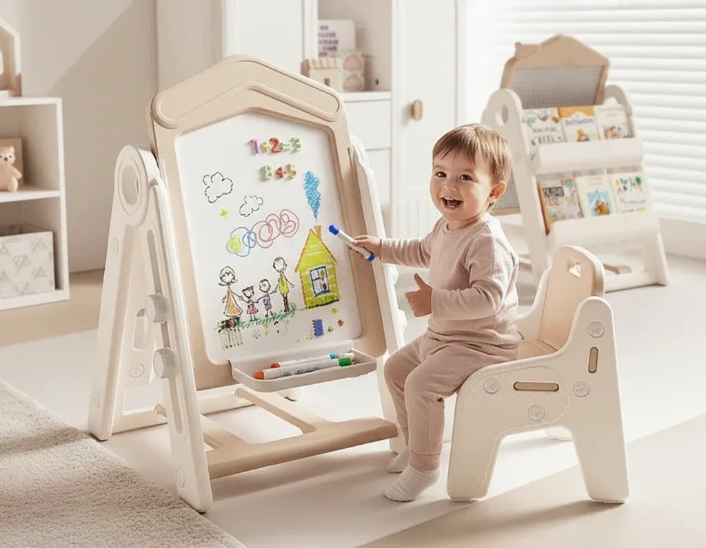 Мултифункционална детска табла 3 во 1 - за цртање, магнети и полица за книги со столче