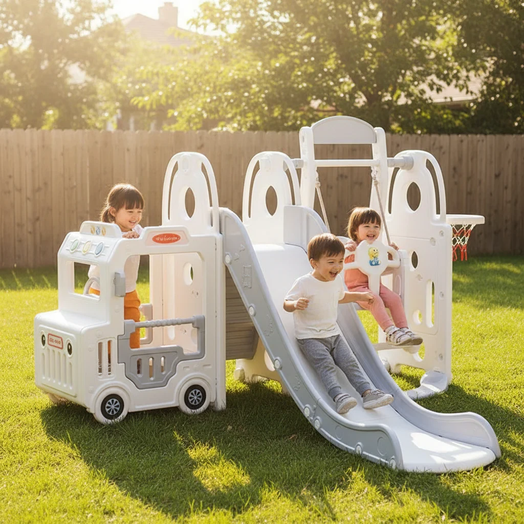 Детски сет за играње со камионче, лизгалка, лулашка и кош