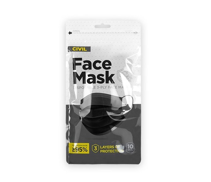 Синомедик трислојна маска за еднократна употреба, 10 парчиња, црна