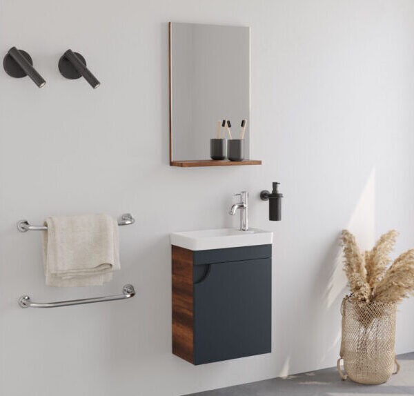 KCDECOR MINI 40 Сет Мебел за бања со кабинет огледало, долен дел и порцелански мијалник 40x192x22см, МДФ, меко затворање