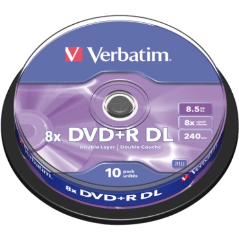 VERBATIM DVD+R DL, Двоен Слој, 8.5GB/240min, 8x Speed, Spindle, Сет 1/10, 43666