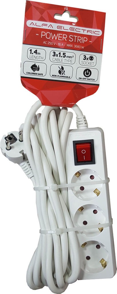 Alfa Electric Продолжен кабел 1.4м со 3 приклучоци + прекинувач POWER-1.4M-3OUT-SWITCH
