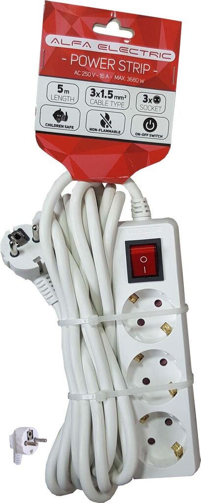 Alfa Electric Продолжен кабел 5.0м со 3 приклучоци + прекинувач POWER-5M-3OUT-SWITCH