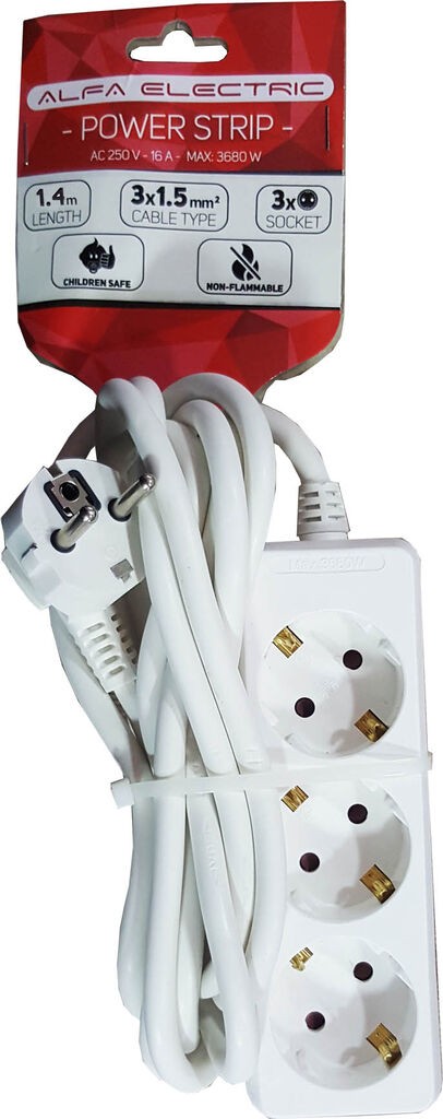 Alfa Electric Продолжен кабел 1.4м со 3 приклучоци, без прекинувач POWER-1.4M-3OUT