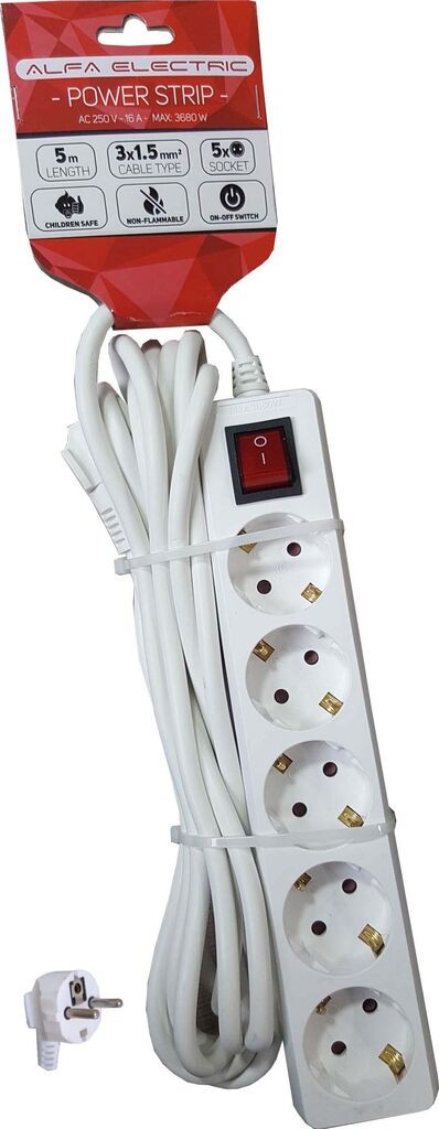 Alfa Electric Продолжен кабел 5.0м со 5 приклучоци + прекинувач POWER-5M-5OUT-SWITCH