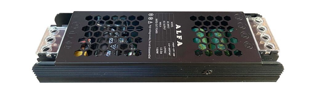 Alfa Electric Напојување 12V 12.5A 150W црно перфорирано куќиште – ЛЕД драјвер