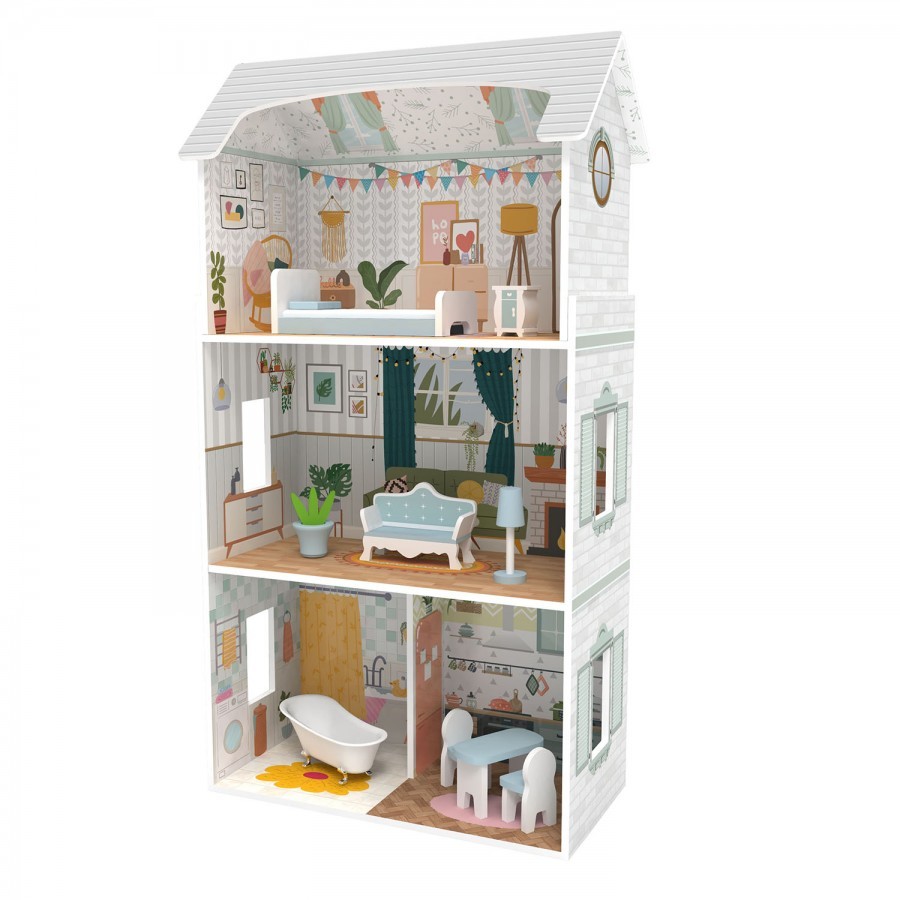 MONI Дрвена Куќичка за Кукли Doll House (9 Пар.Мебел) 8211