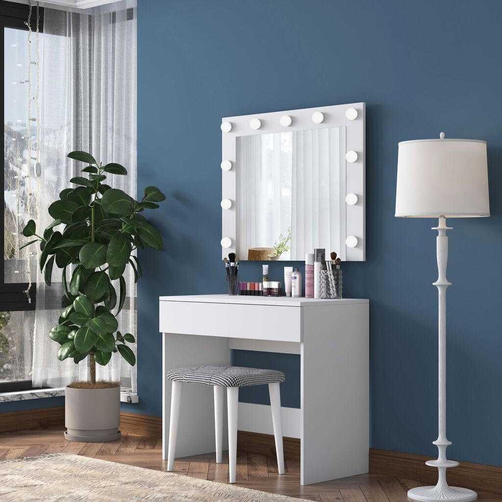 Маса за шминка Hanah Home со табуретка BJ121 - 2934, 90x76.8x45, бела