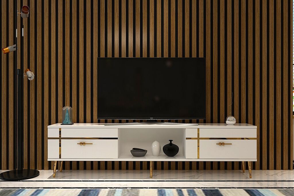 Hanah Home TV комода Line, 150x40,6x29,6 см, бело-златна боја