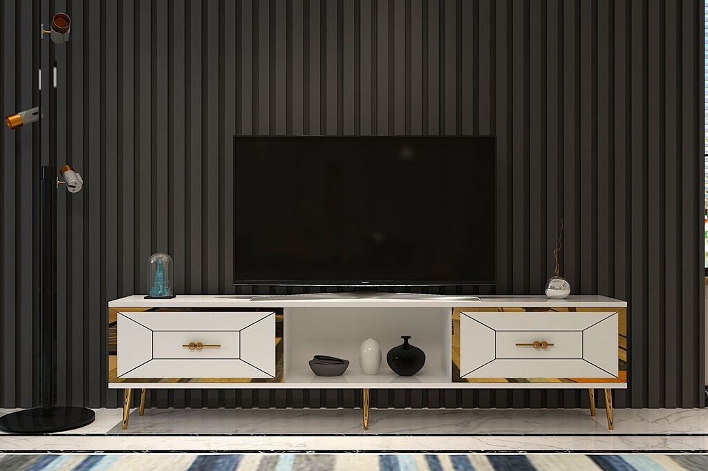 Комода за телевизор Hanah Home Arno, 150x40.6x29.6 cm, бело-златна боја