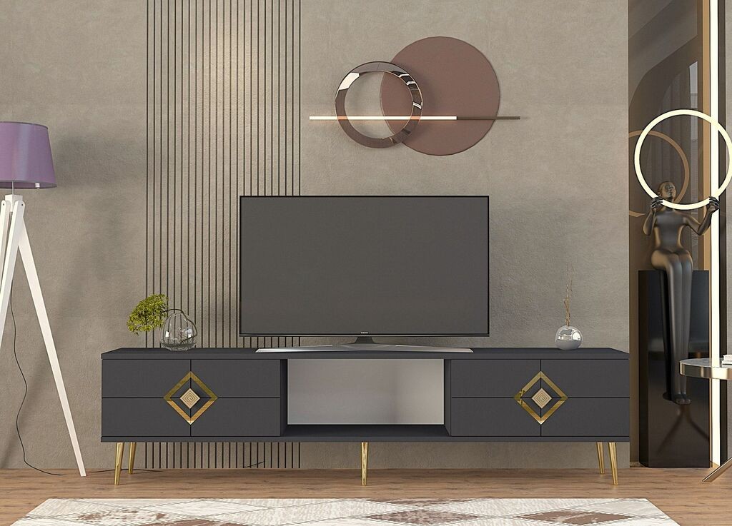 Ханах Домашен ТВ Комода Крадец, 150x40,6x29,6 см, Антрацит-златна
