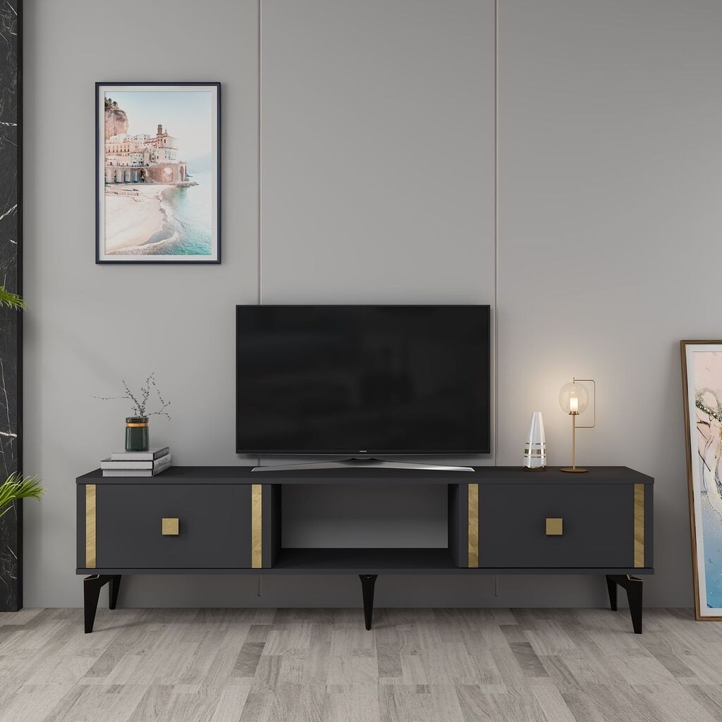 Комода за телевизор Hanah Home Doruk, 150x44.6x29.6 см, антрацит-златна боја