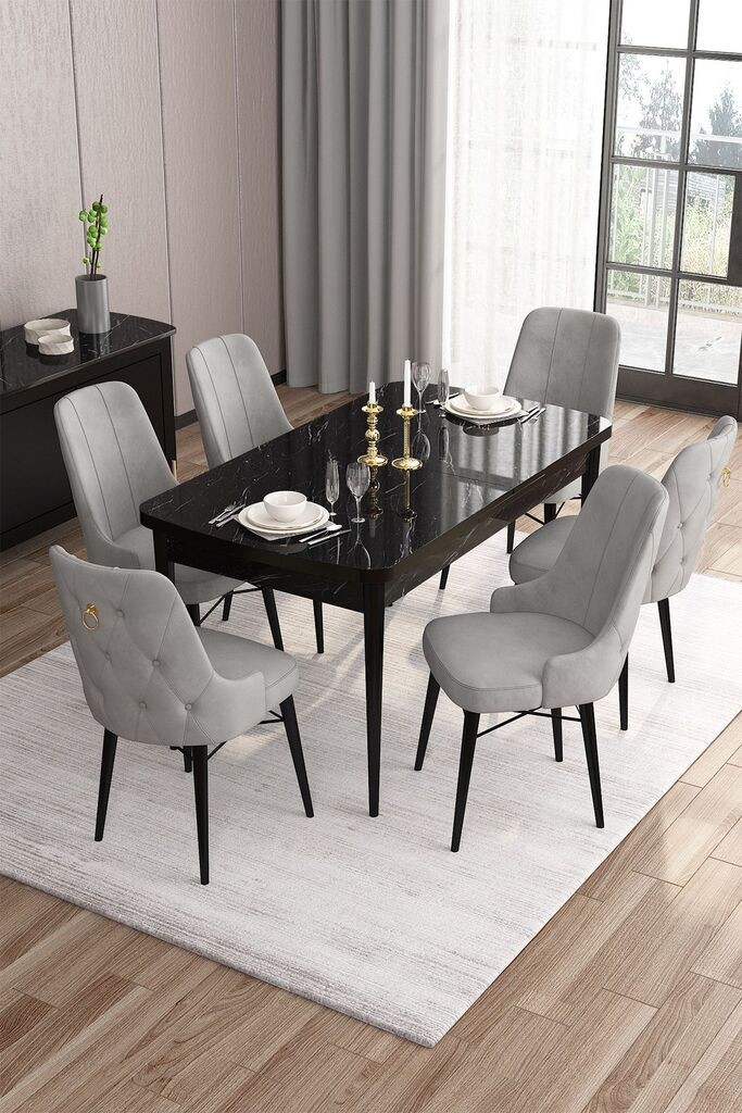 Hanah Home Set Трпезариска маса и 6 столчиња, сиво-црна