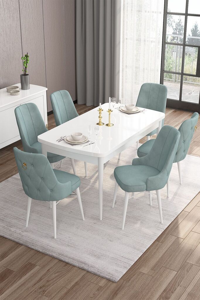 Hanah Home Set Трпезариска маса и 6 столчиња, зелена и бела