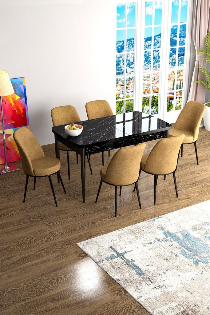 Hanah Home Set Трпезариска маса и 6 столчиња Han, окер-црна