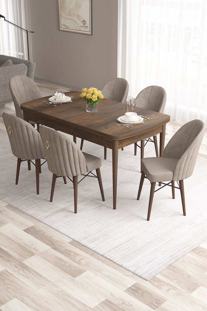 Hanah Home Set Трпезариска маса и 6 столчиња Розова, Беж-кафеава