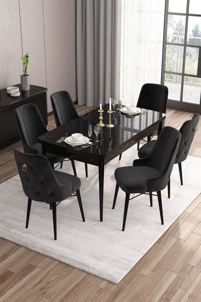 Трпезариска маса Hanah Home Set со 6 столчиња, црна