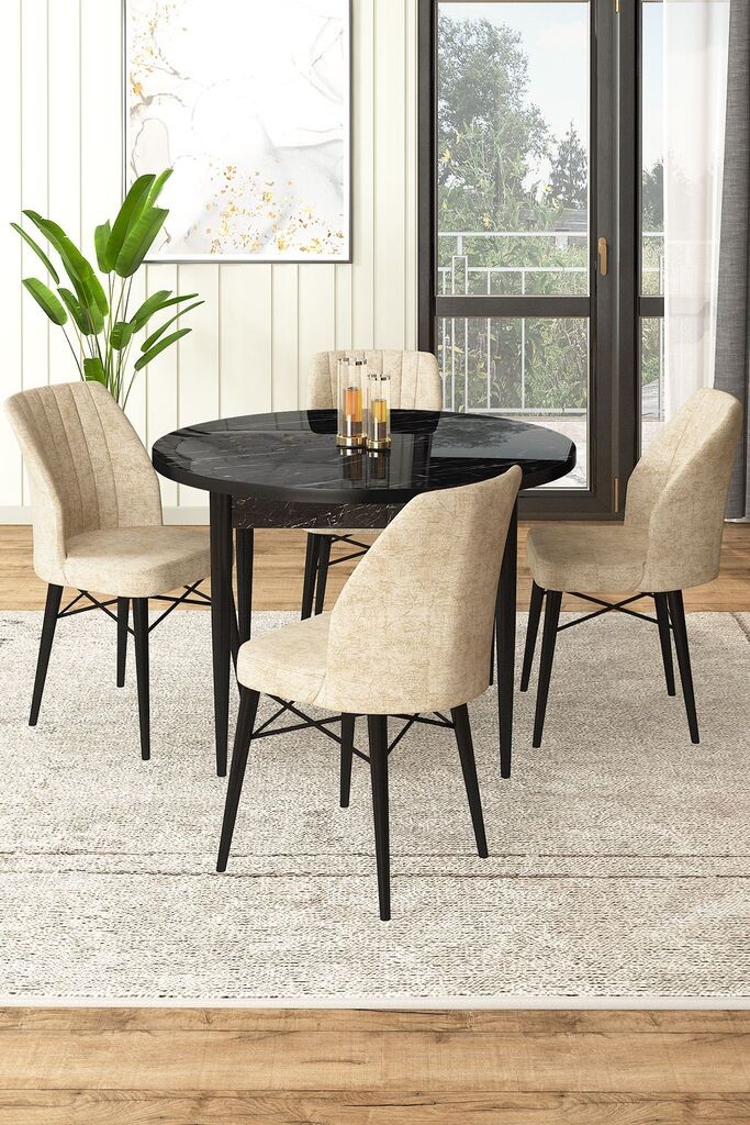 Hanah Home Set Трпезариска маса и 4 столчиња, беж-црна