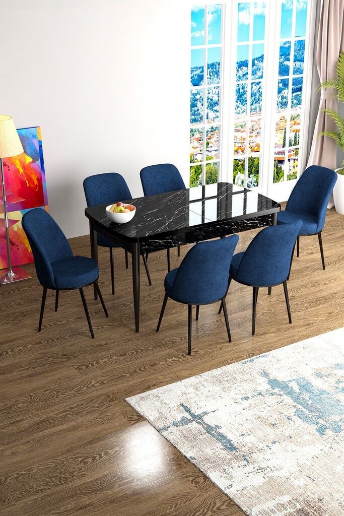 Hanah Home Комплет трпезариска маса и 6 столчиња Han, сино-црна