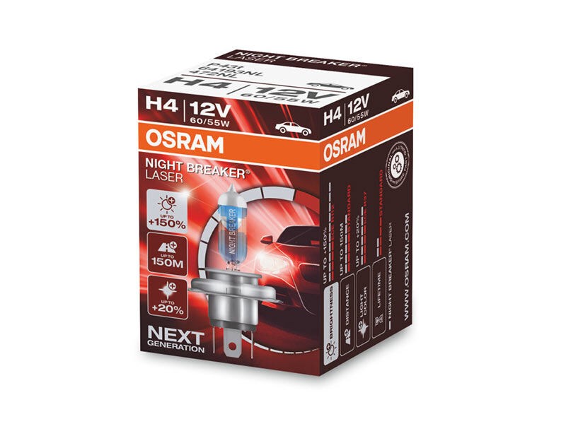 OSRAM Халогенска сијалица Osram H4 Night Breaker Laser +150% 12V, 60/55W, P14.5s, 1650/1000lm, 1 бр. во кутија