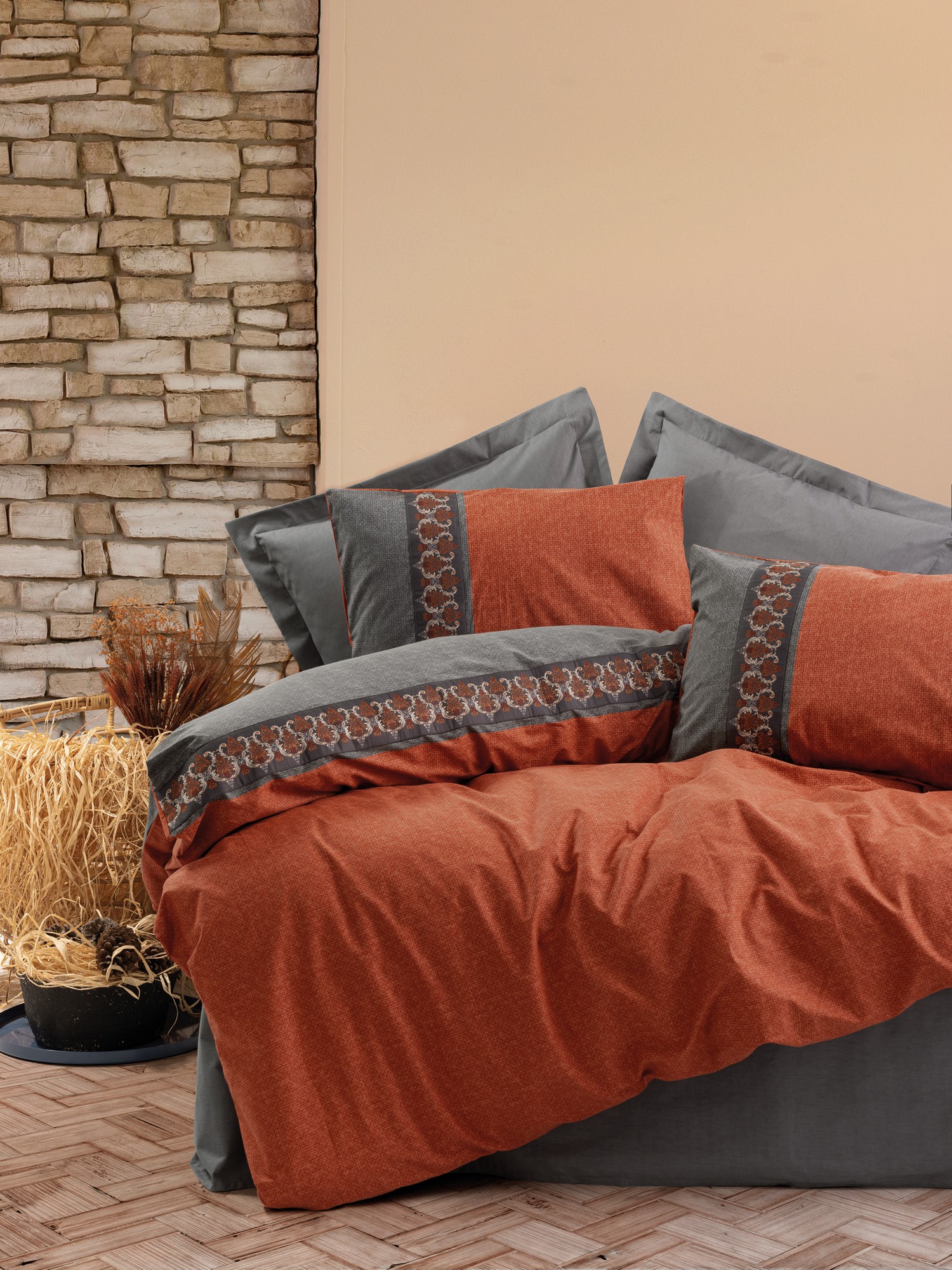 Комплет постелнина L'essentiel Maison Tamaya, 200x220 cm, теракота-сива