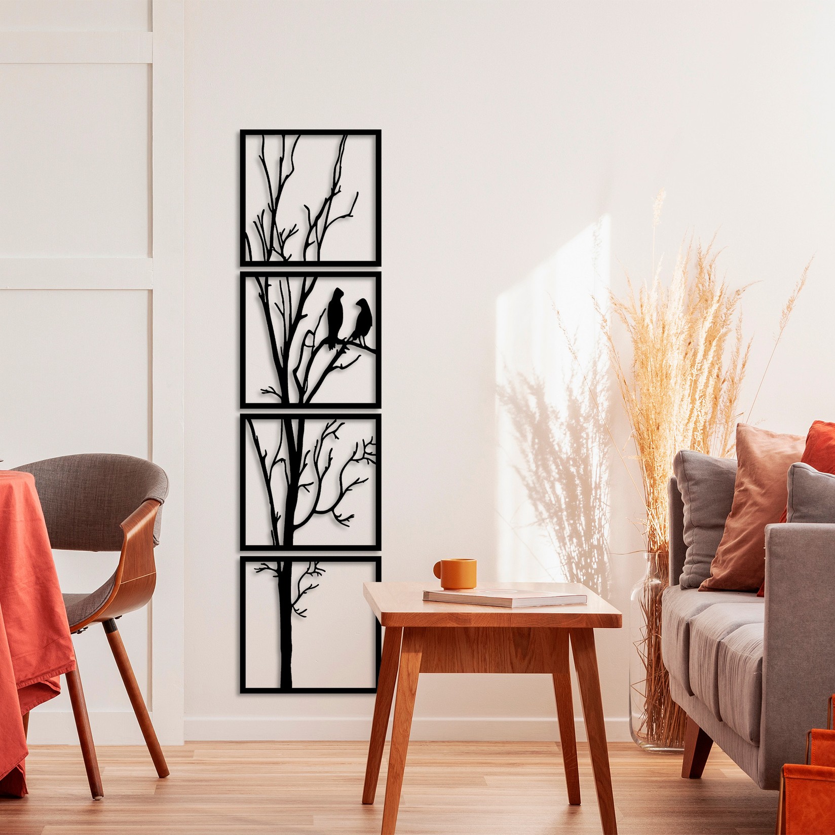 Wallity Комплет dzидни декорации Дрво и птици Б, 44x44 см, 1,5 мм, 4 парчиња, црна