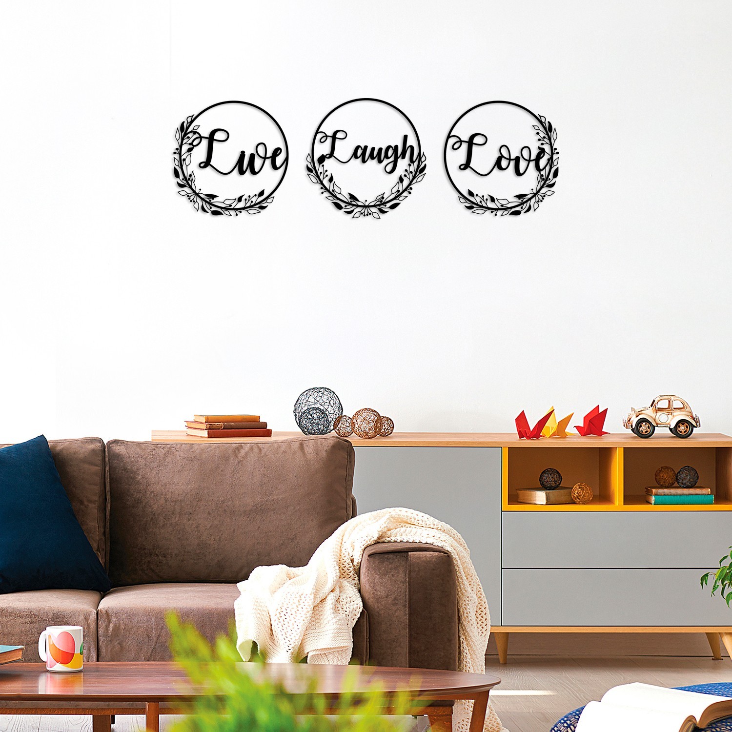 Wallity Комплет dzидни декорации Live Laugh Live, 48x48 см, 1,5 мм, 3 парчиња, црна