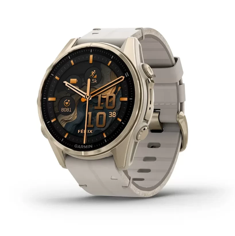GARMIN Смарт Часовник Fenix 8 – 43 mm, AMOLED Sapphire, Soft Gold Limestone Кожно ремче