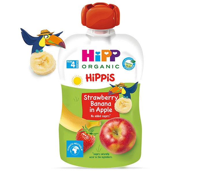 HIPP Овошно пире за бебиња јаболко, банана и јагода 4M+ 100гр