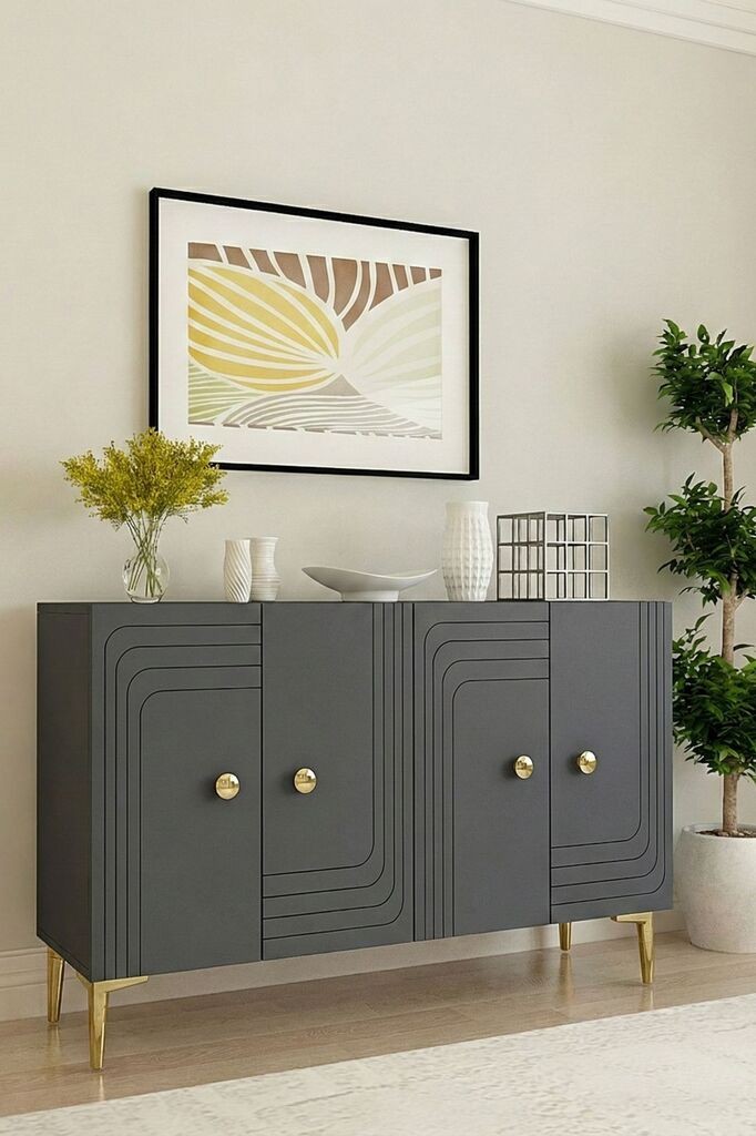 Комода Hanah Home Lessi 120, антрацит-златна