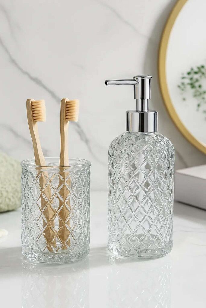 Комплет за бања Hermia, 2 парчиња, 100% стакло, 8 x 8 x 15 см, 8 x 8 x 11 см