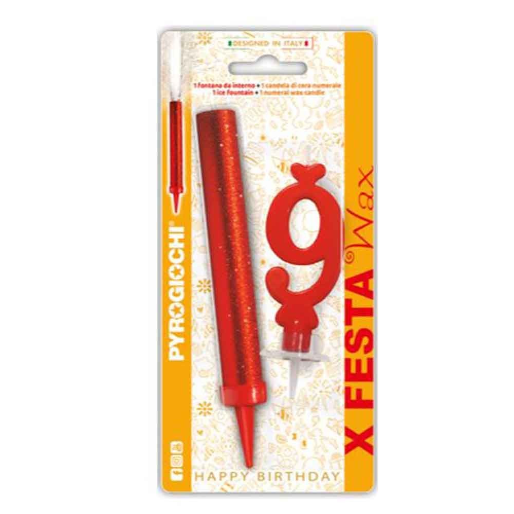 Pyrogiochi Прскалка + свеќа, За на торта, Број 9, 14,5цм,  X Festa, 41299,Црвена