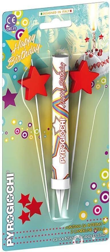 Pyrogiochi Прскалка+2 свеќи во форма на ѕвезди,За на торта, Happy birthday,41119