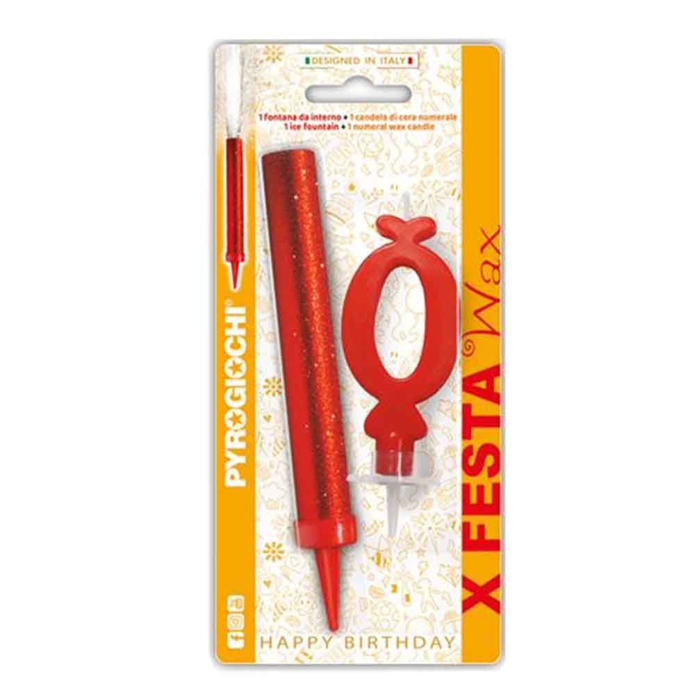 Pyrogiochi Прскалка + свеќа, За на торта, Број 0, 14,5цм,  X Festa, 41290,Црвена