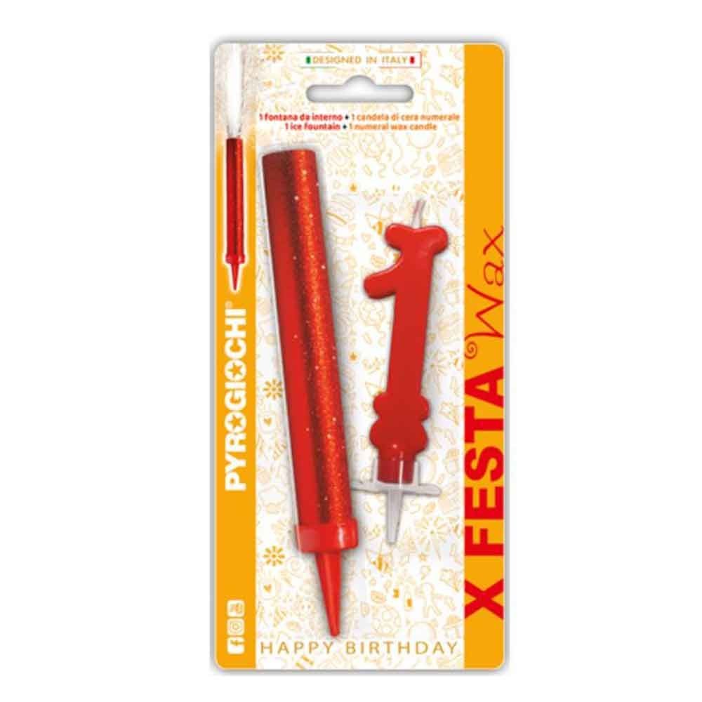 Pyrogiochi Прскалка + свеќа, За на торта, Број 1, 14,5цм,  X Festa, 41291,Црвена