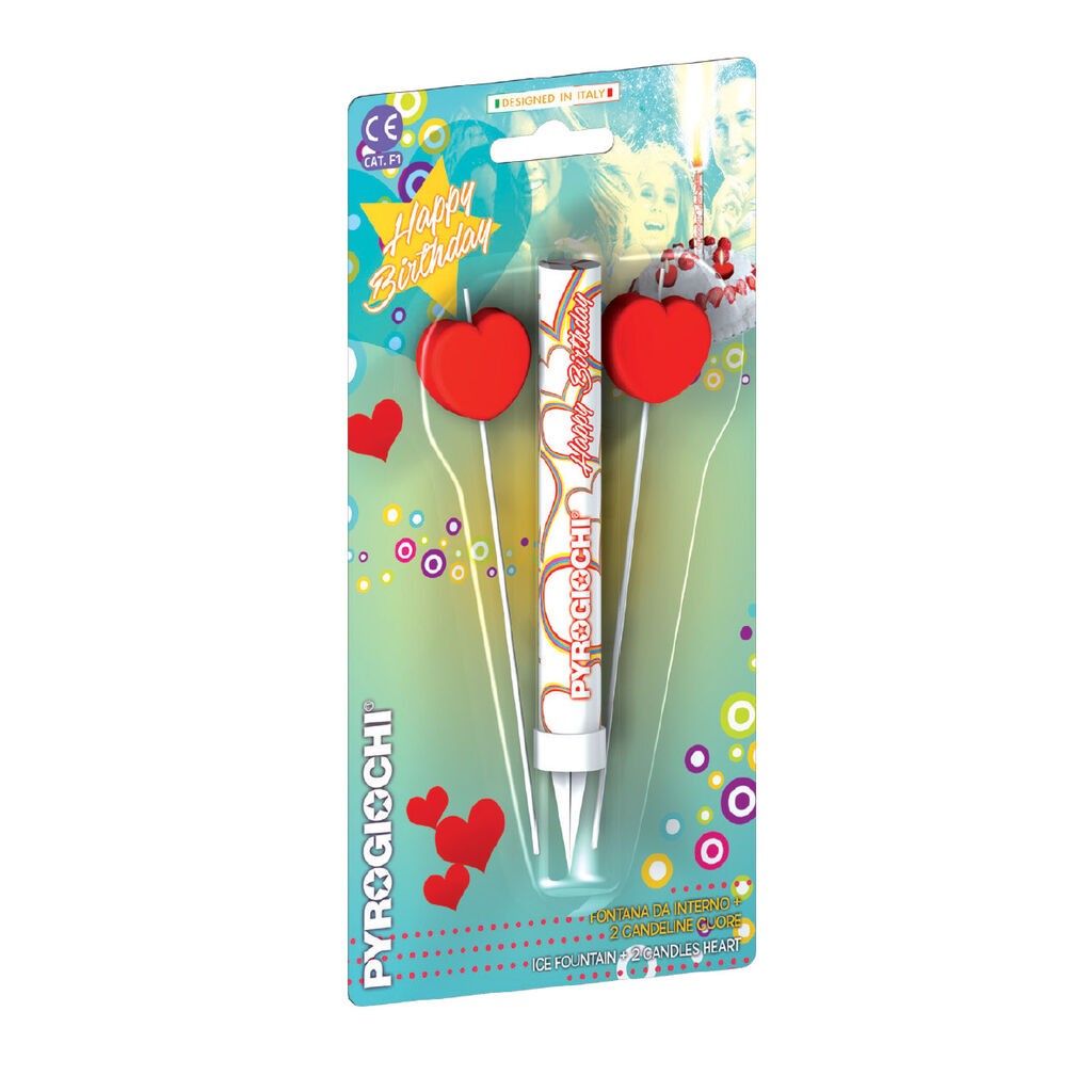 Pyrogiochi Прскалка+2 свеќи во форма на срце За на торта,  Happy birthday, 41120