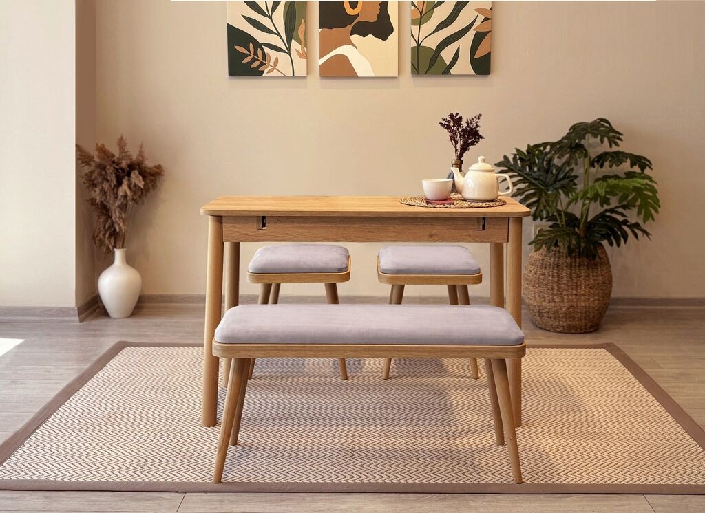 Hanah Home Комплет трпезариска маса, 2 трпезариски столчиња и клупа Vina Mini 04 0701, сива