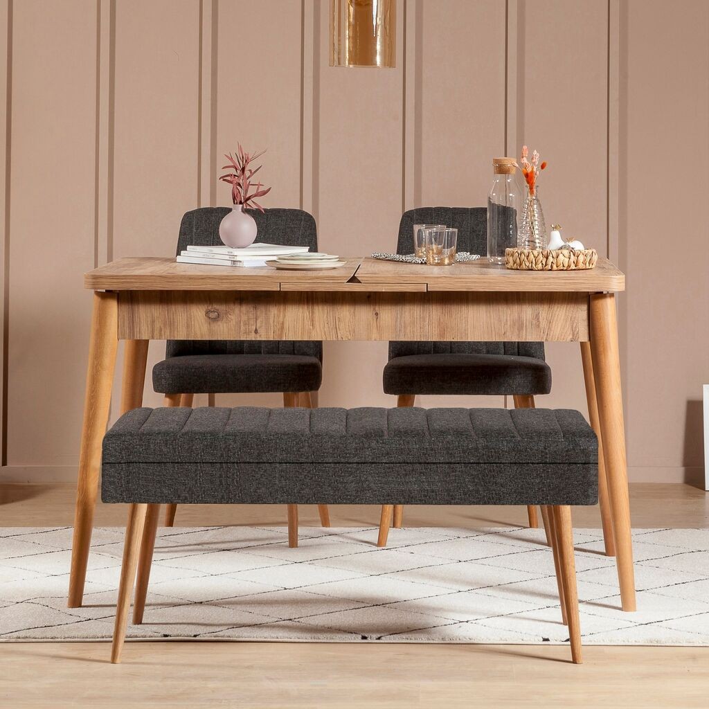 Hanah Home Set Трпезариска маса, 2 трпезариски столчиња и клупа Vina 1053 3, црна