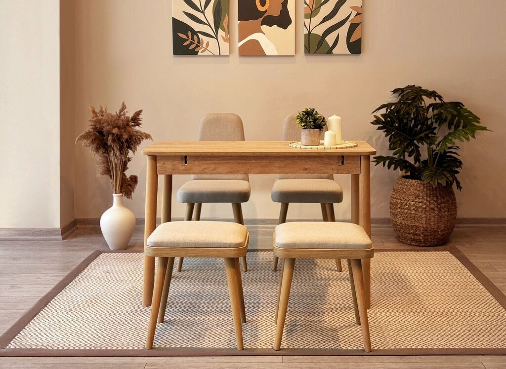 Hanah Home Комплет трпезариска маса и 4 трпезариски столчиња Vina Mini 02 1005, кремаста