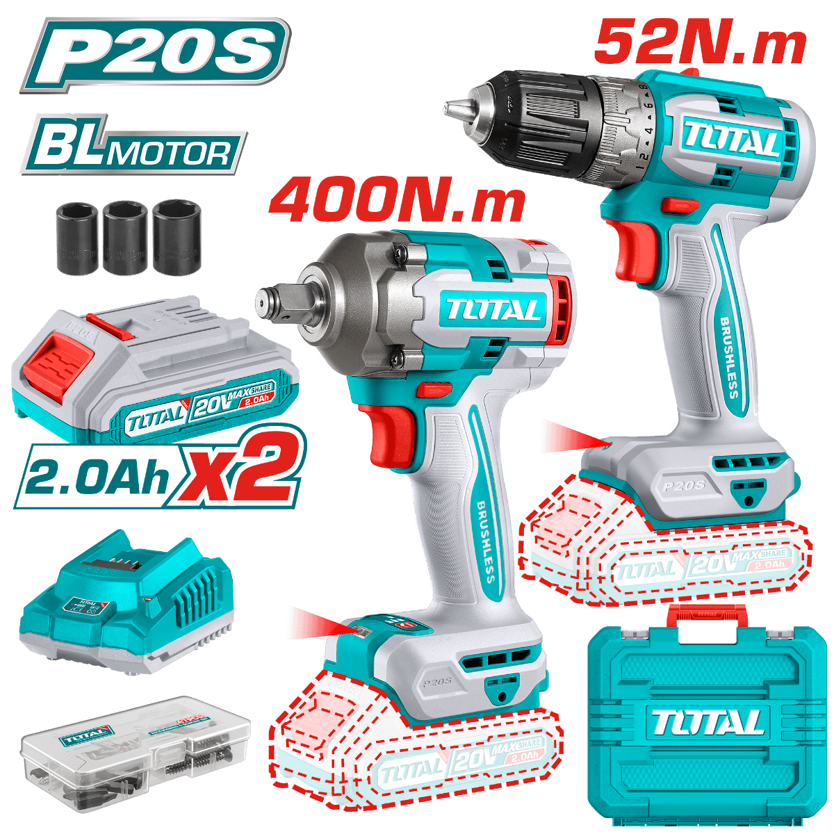 TOTAL Батериски комбо сет штрафилица - ударен одвртувач  TCKLI20271