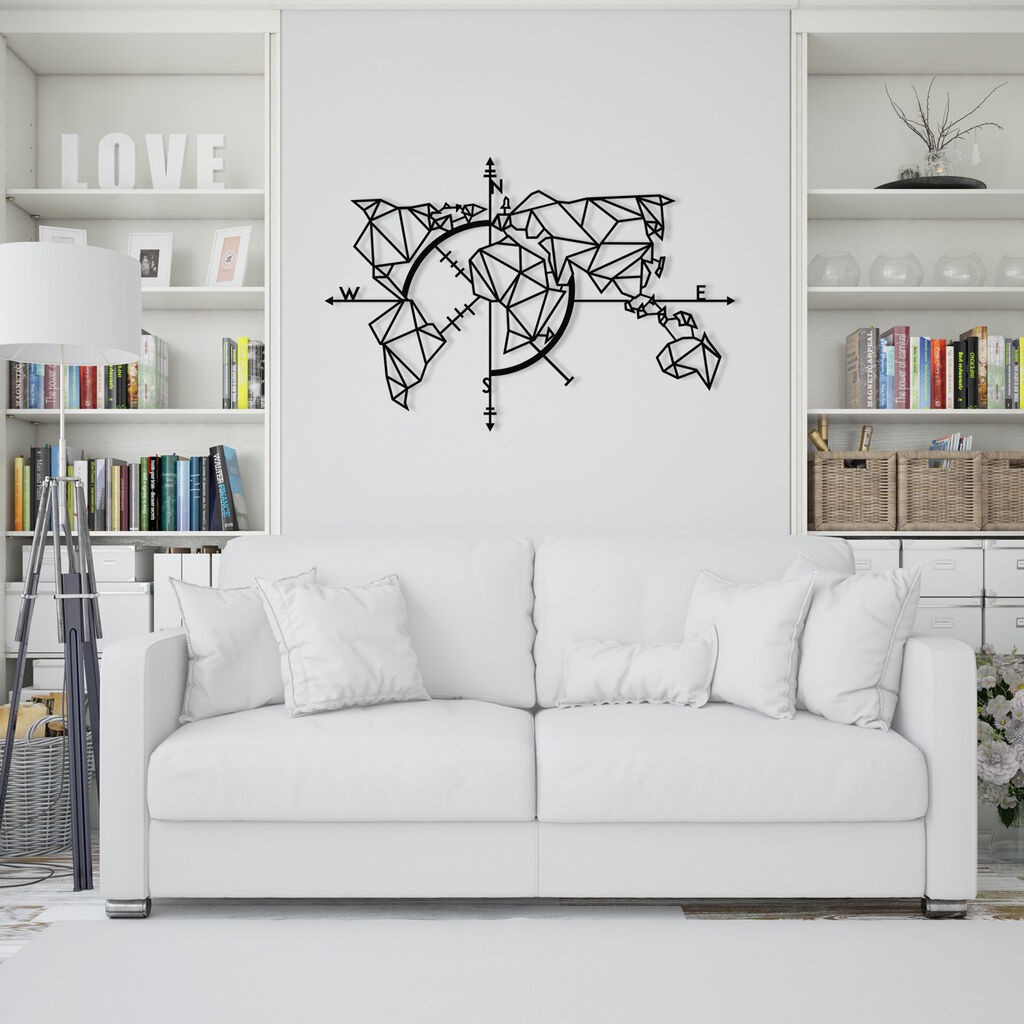 Wallity dzидна декорација „Метален декор 2" со мапа на светот, 111 x 74 см, црна