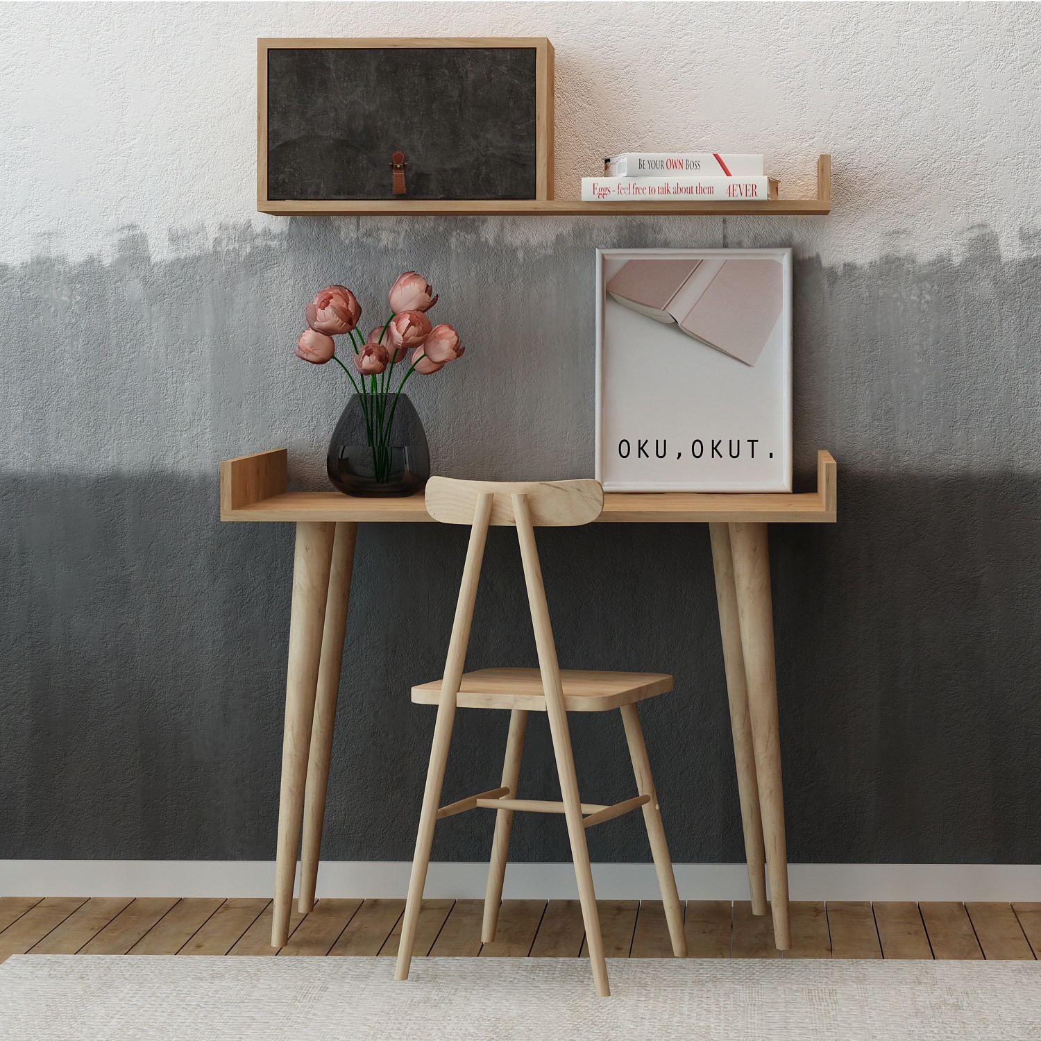 Работна маса Hanah Home 100x81x60cm даб-темно сива