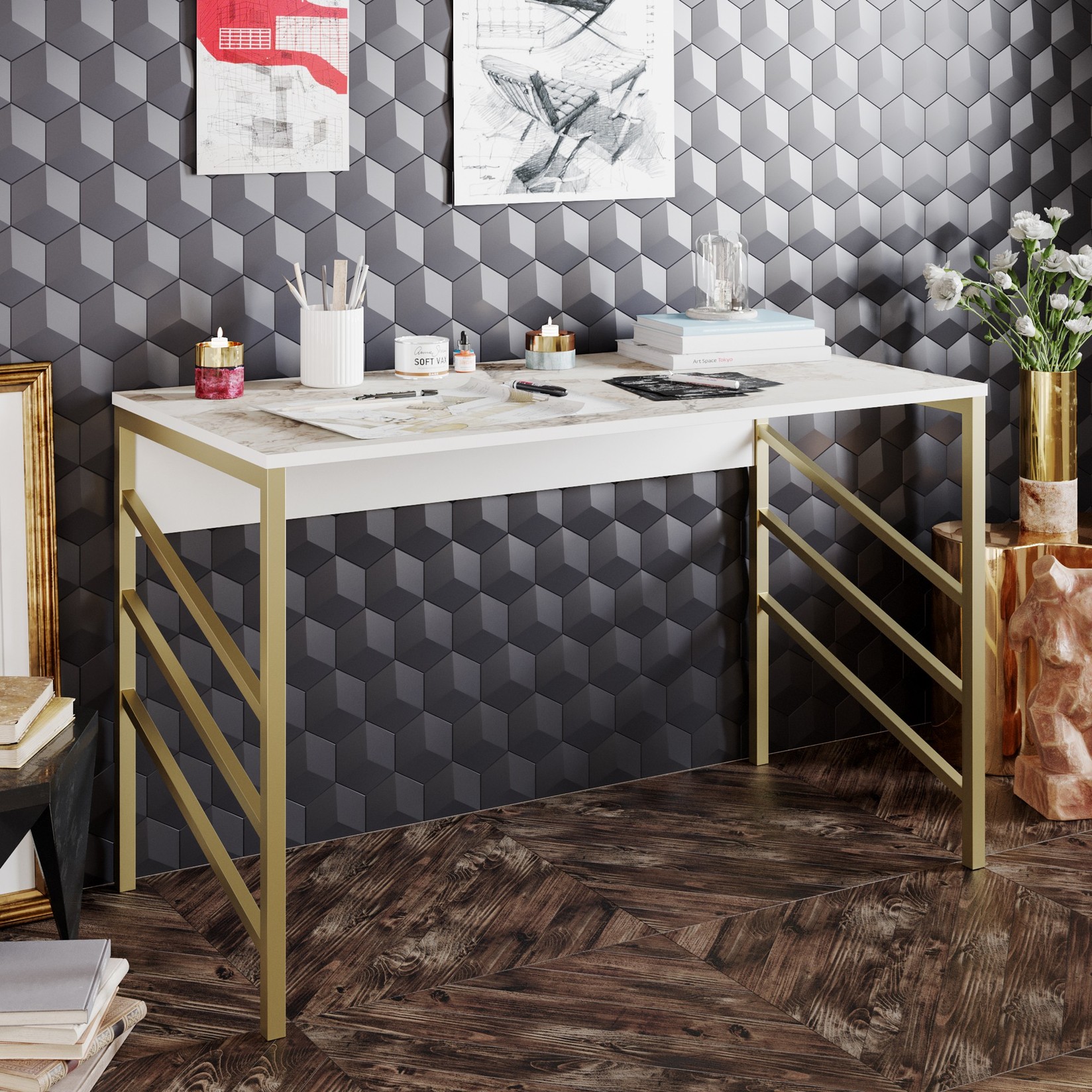 Работна маса Hanah Home 120x75x60 см Златно-бела