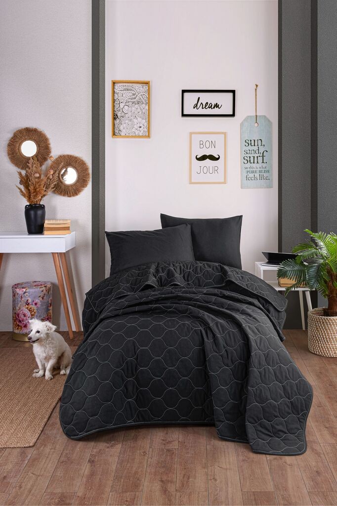 Комплет прекривка и навлака за перница L'essentiel Maison, еднобојна, 160x220 см, црна